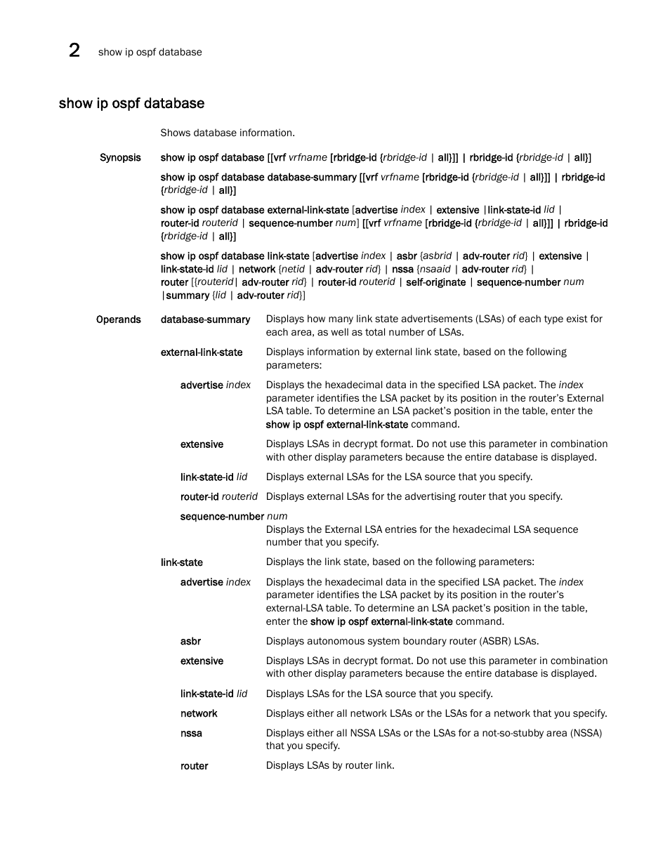 Show ip ospf database | Brocade Network OS Command Reference v4.1.0 User Manual | Page 914 / 1418