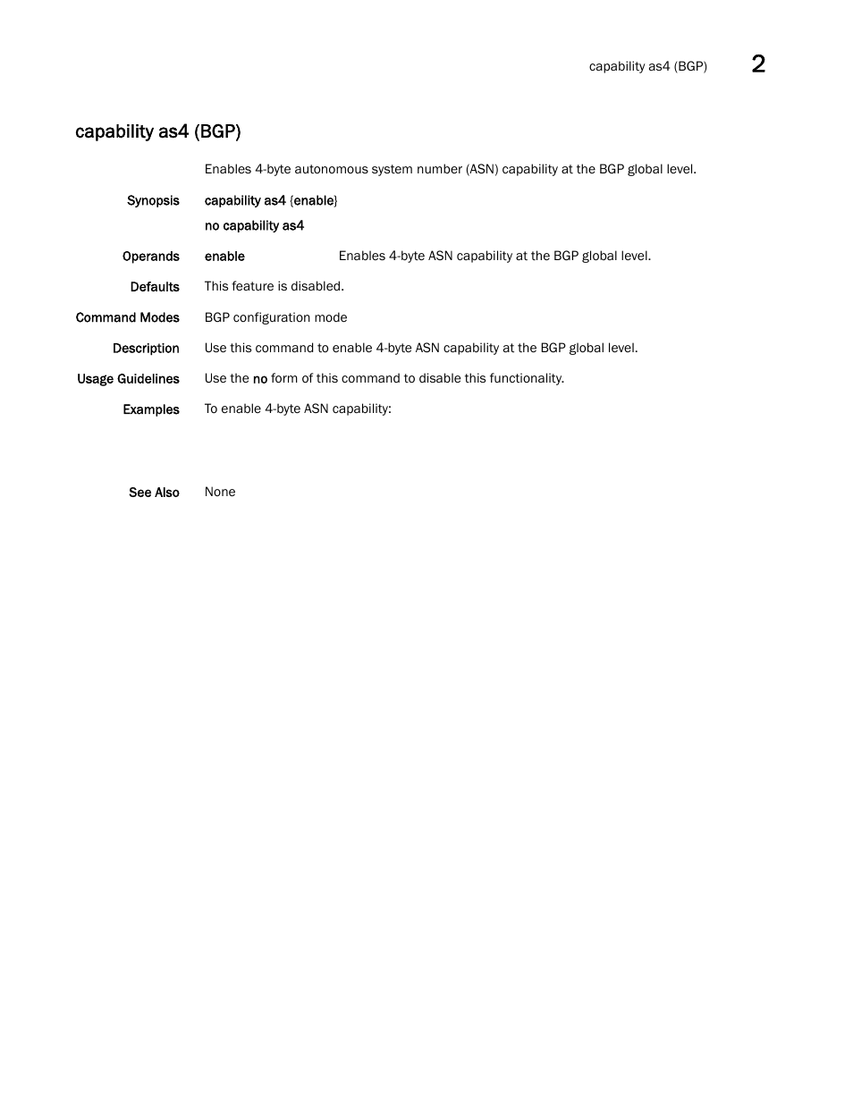 Capability as4 (bgp) | Brocade Network OS Command Reference v4.1.0 User Manual | Page 95 / 1418