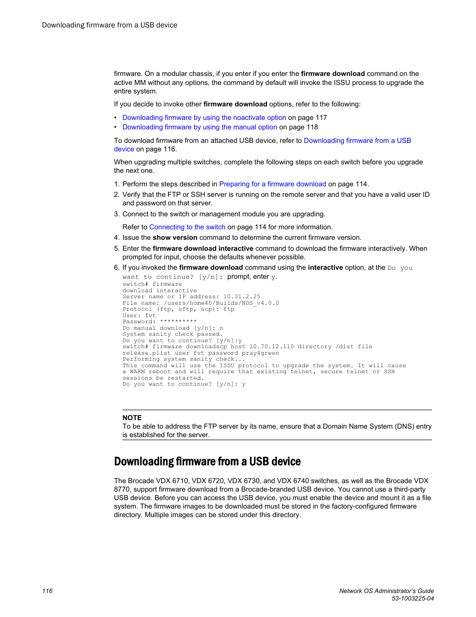 Downloading firmware from a usb device | Brocade Network OS Administrator’s Guide v4.1.1 User Manual | Page 116 / 748