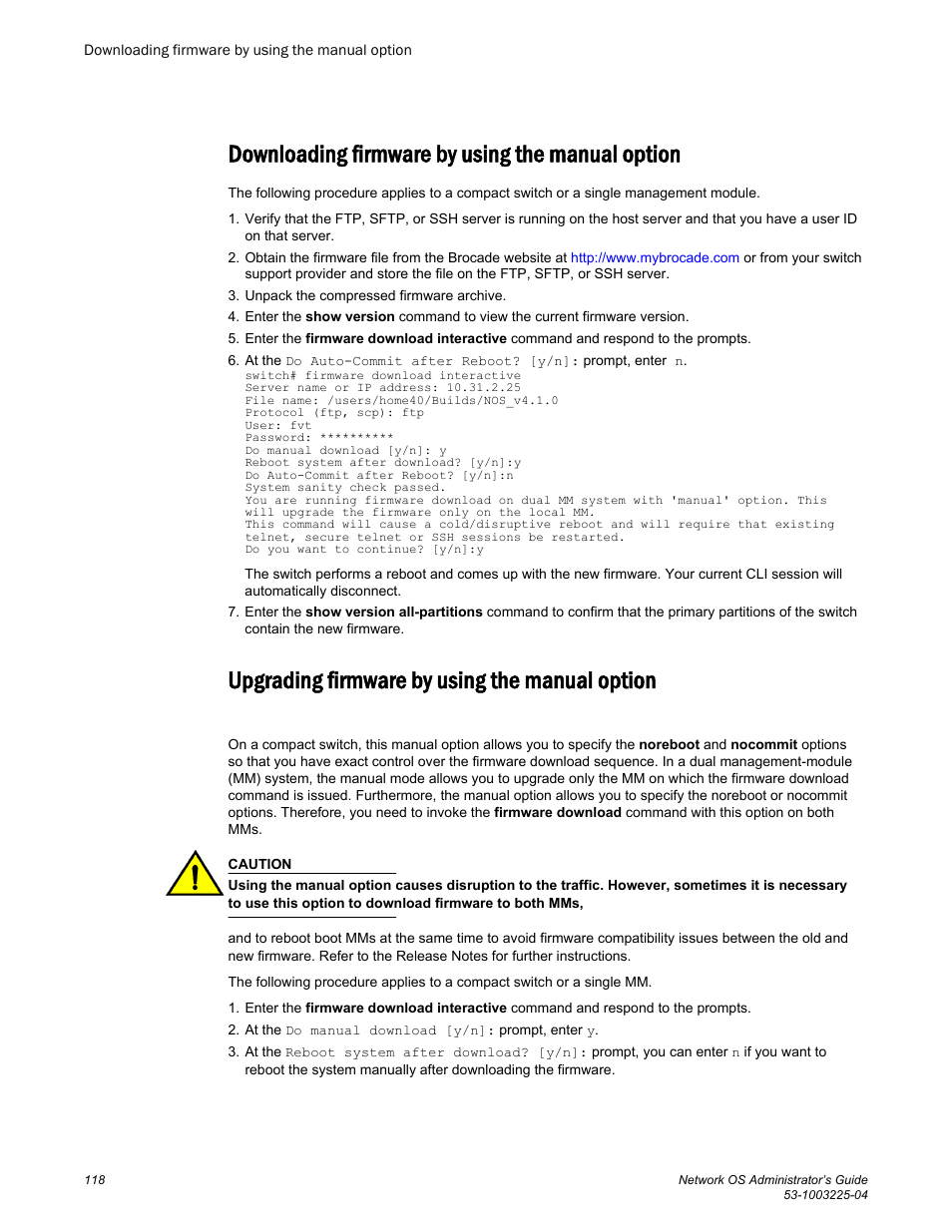 Downloading firmware by using the manual option, Upgrading firmware by using the manual option | Brocade Network OS Administrator’s Guide v4.1.1 User Manual | Page 118 / 748