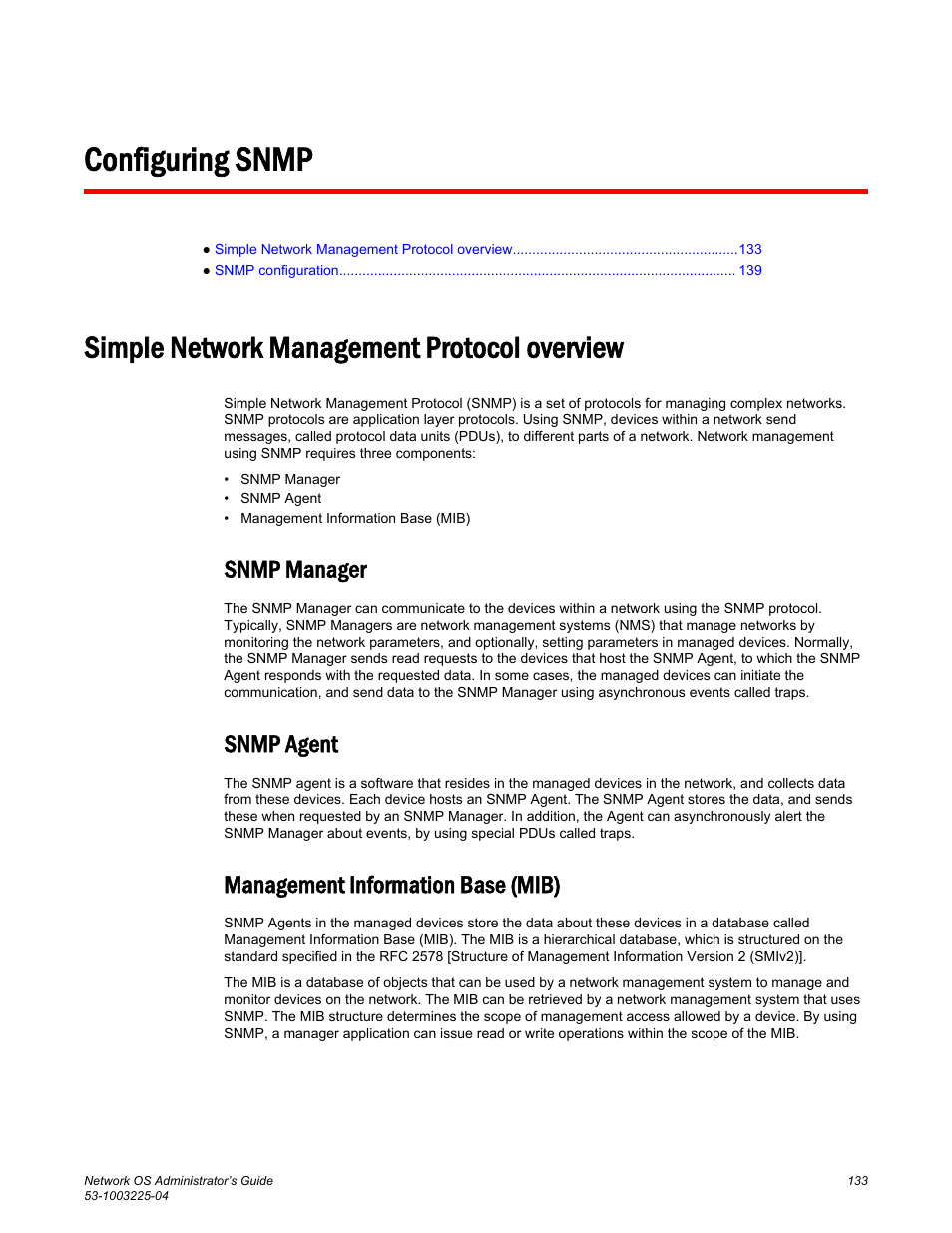 Configuring snmp, Simple network management protocol overview, Snmp manager | Snmp agent, Management information base (mib) | Brocade Network OS Administrator’s Guide v4.1.1 User Manual | Page 133 / 748