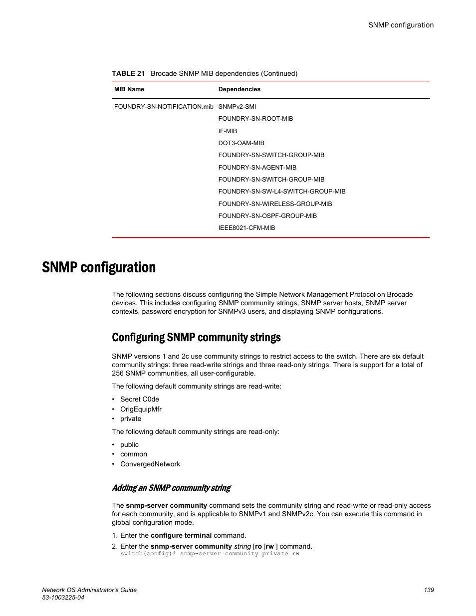 Snmp configuration, Configuring snmp community strings, Adding an snmp community string | Brocade Network OS Administrator’s Guide v4.1.1 User Manual | Page 139 / 748