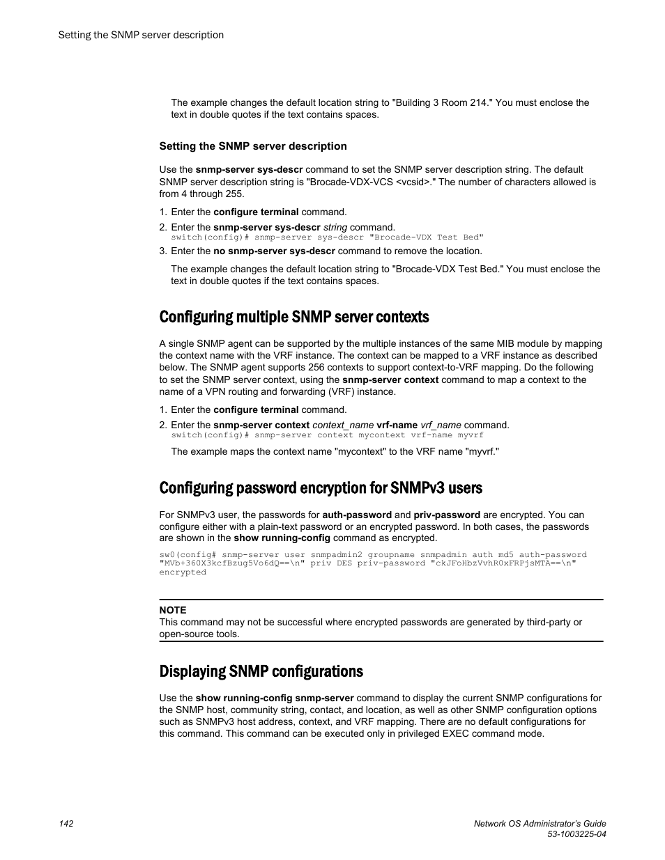 Setting the snmp server description, Configuring multiple snmp server contexts, Configuring password encryption for snmpv3 users | Displaying snmp configurations | Brocade Network OS Administrator’s Guide v4.1.1 User Manual | Page 142 / 748