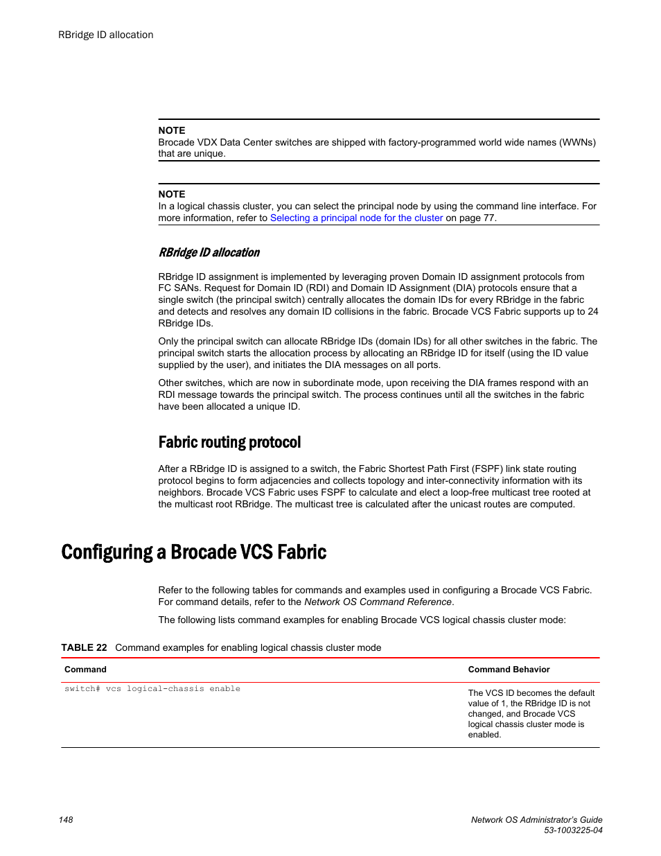 Rbridge id allocation, Fabric routing protocol, Configuring a brocade vcs fabric | Configuring a brocade, Vcs fabric, Refer to | Brocade Network OS Administrator’s Guide v4.1.1 User Manual | Page 148 / 748