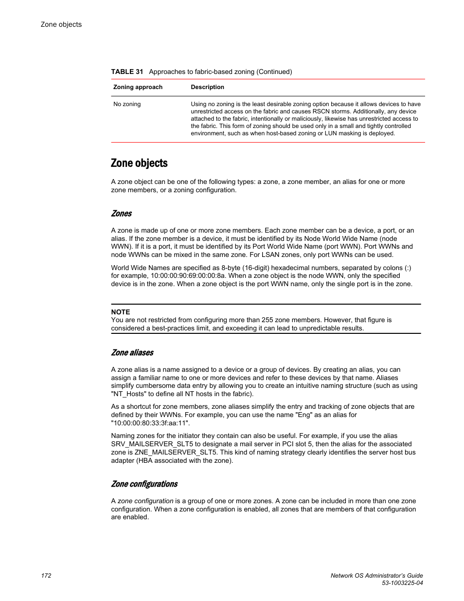 Zone objects, Zones, Zone aliases | Zone configurations | Brocade Network OS Administrator’s Guide v4.1.1 User Manual | Page 172 / 748