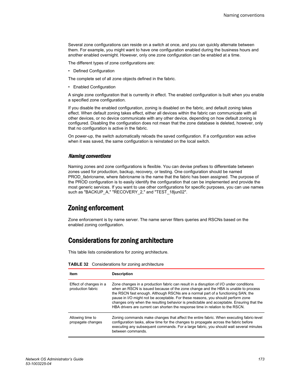Naming conventions, Zoning enforcement, Considerations for zoning architecture | Brocade Network OS Administrator’s Guide v4.1.1 User Manual | Page 173 / 748