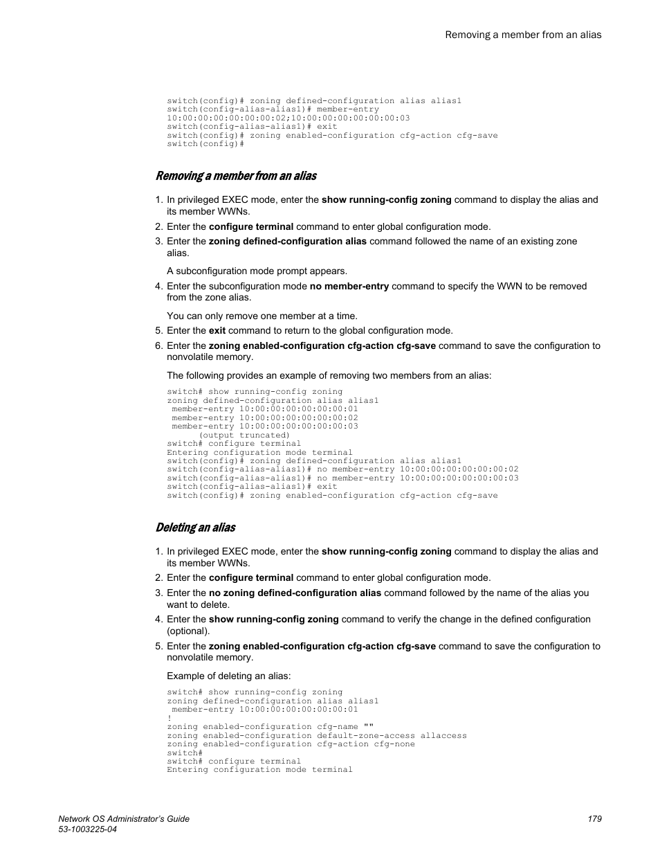 Removing a member from an alias, Deleting an alias | Brocade Network OS Administrator’s Guide v4.1.1 User Manual | Page 179 / 748