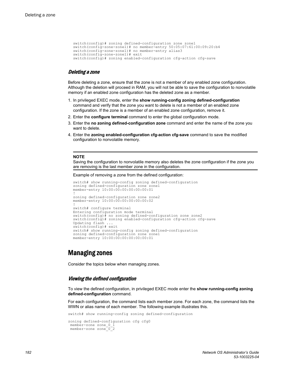 Deleting a zone, Managing zones, Viewing the defined configuration | Brocade Network OS Administrator’s Guide v4.1.1 User Manual | Page 182 / 748