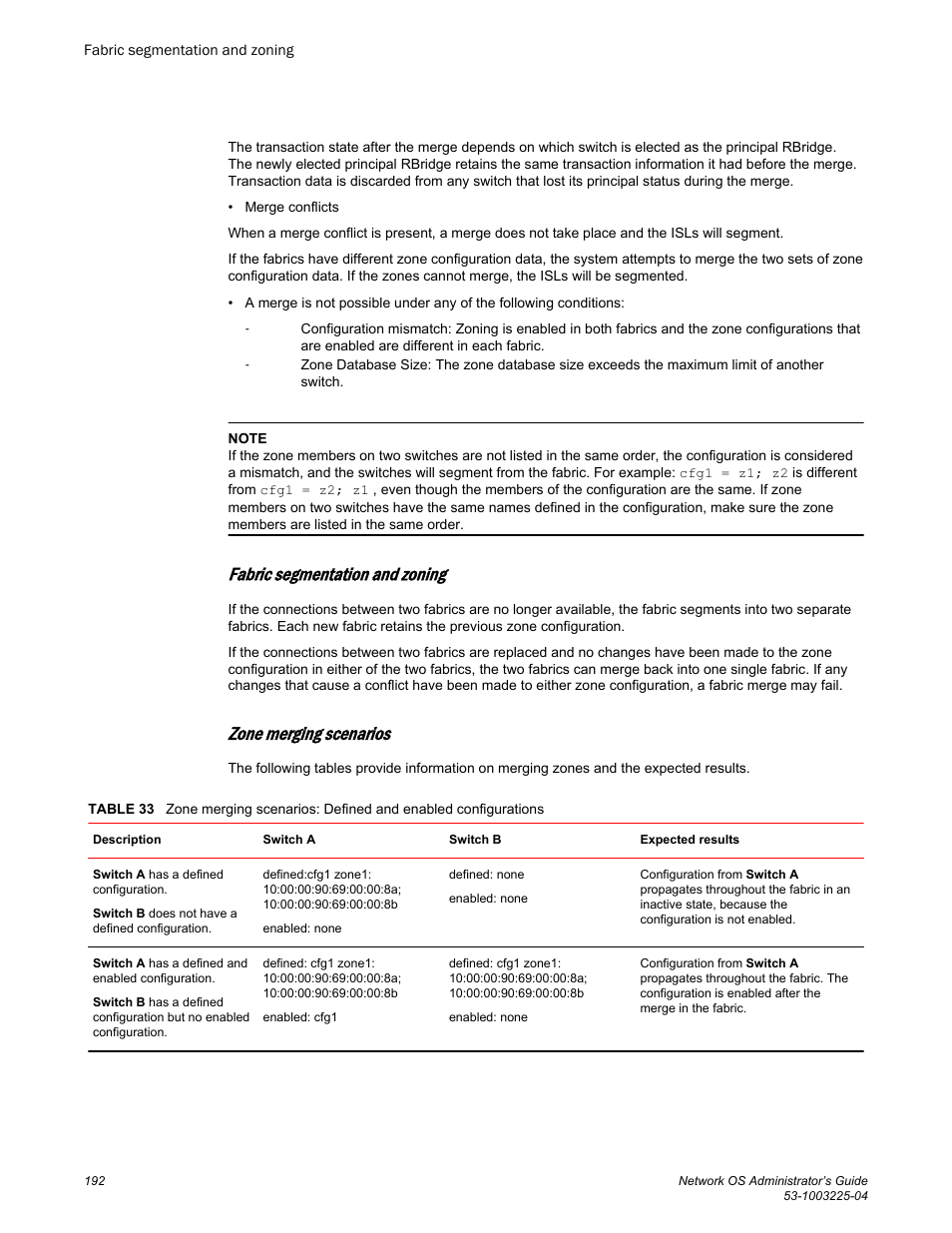 Fabric segmentation and zoning, Zone merging scenarios, Zone | Merging scenarios, Zone merging, Scenarios, Refer to | Brocade Network OS Administrator’s Guide v4.1.1 User Manual | Page 192 / 748