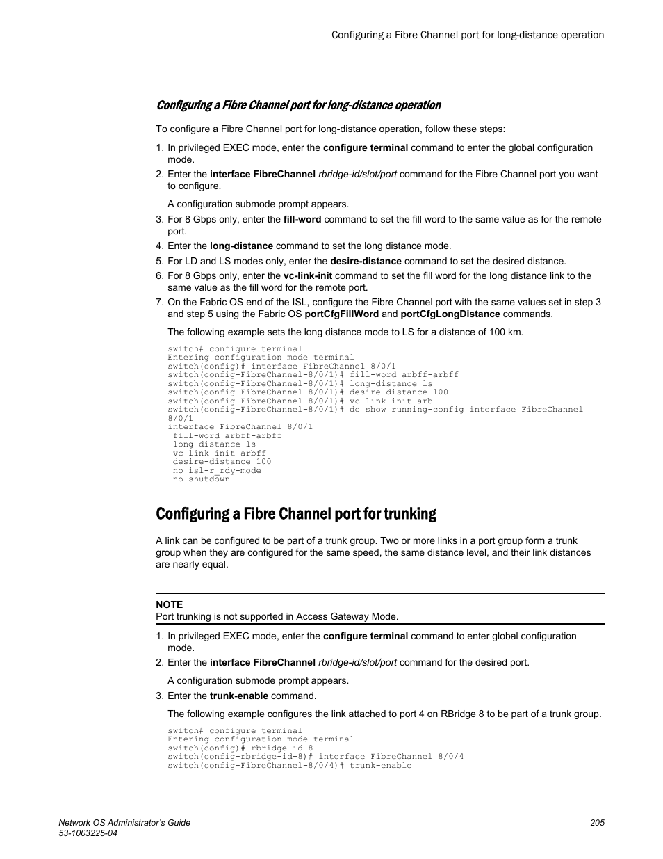 Configuring a fibre channel port for trunking | Brocade Network OS Administrator’s Guide v4.1.1 User Manual | Page 205 / 748
