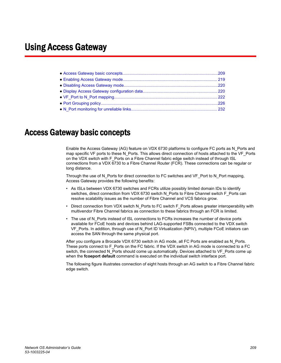 Using access gateway, Access gateway basic concepts | Brocade Network OS Administrator’s Guide v4.1.1 User Manual | Page 209 / 748