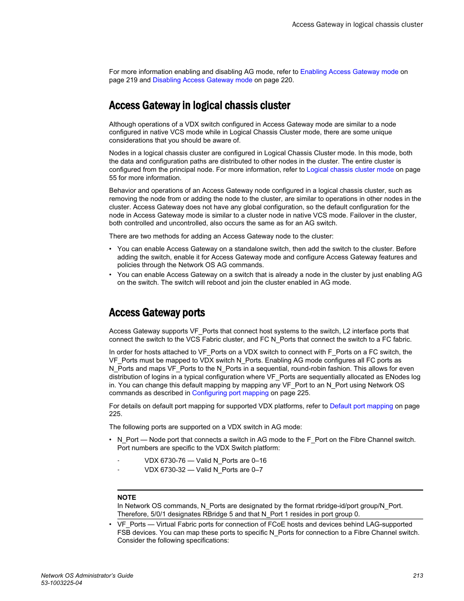 Access gateway in logical chassis cluster, Access gateway ports | Brocade Network OS Administrator’s Guide v4.1.1 User Manual | Page 213 / 748