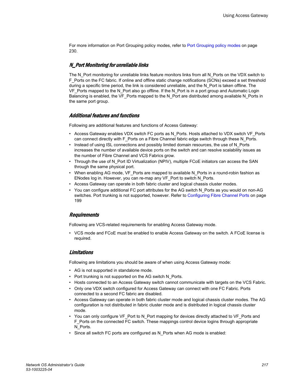 N_port monitoring for unreliable links, Additional features and functions, Requirements | Limitations | Brocade Network OS Administrator’s Guide v4.1.1 User Manual | Page 217 / 748