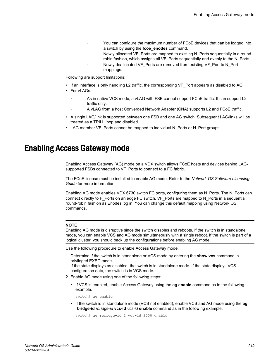 Enabling access gateway mode | Brocade Network OS Administrator’s Guide v4.1.1 User Manual | Page 219 / 748