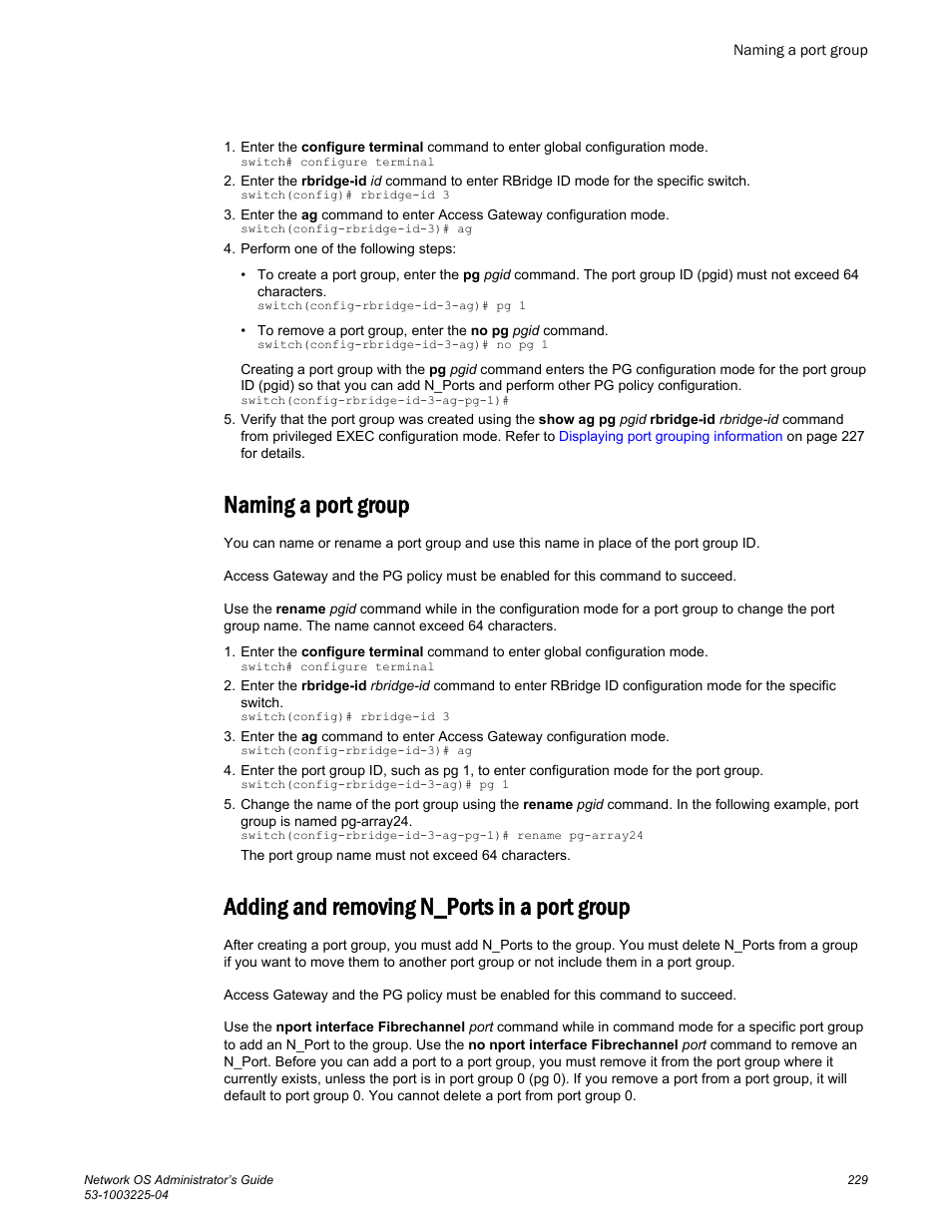 Naming a port group, Adding and removing n_ports in a port group | Brocade Network OS Administrator’s Guide v4.1.1 User Manual | Page 229 / 748