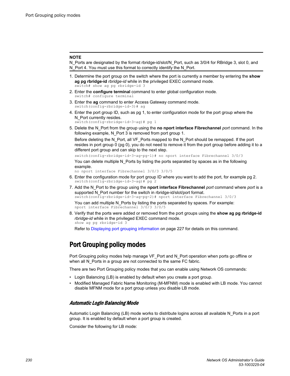 Port grouping policy modes, Automatic login balancing mode | Brocade Network OS Administrator’s Guide v4.1.1 User Manual | Page 230 / 748