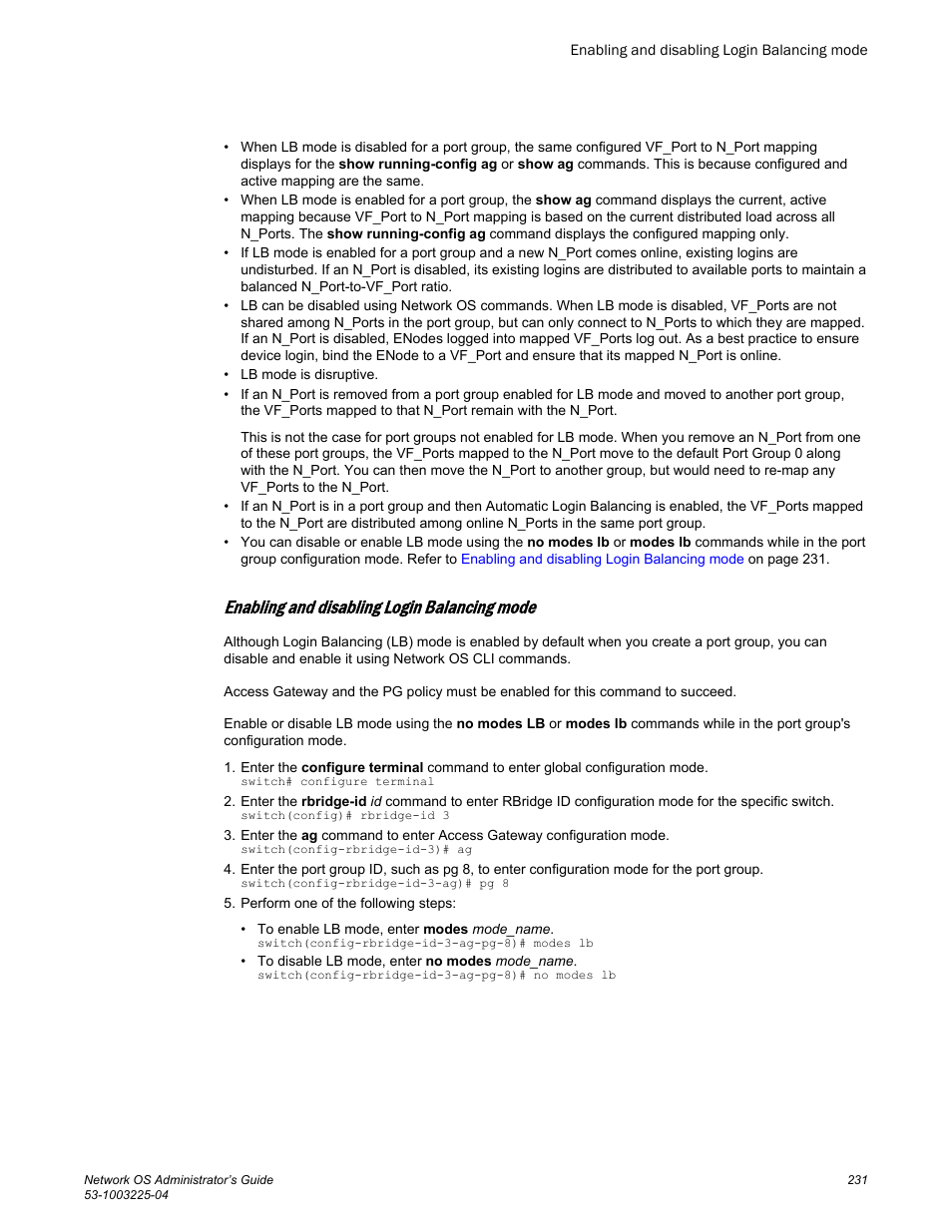 Enabling and disabling login balancing mode | Brocade Network OS Administrator’s Guide v4.1.1 User Manual | Page 231 / 748