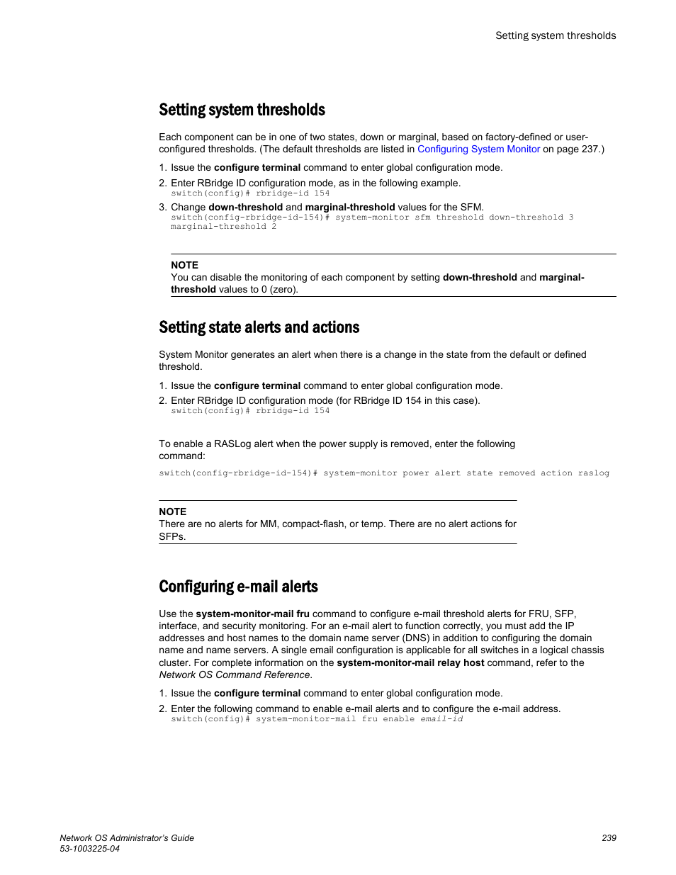 Setting system thresholds, Setting state alerts and actions, Configuring e-mail alerts | Brocade Network OS Administrator’s Guide v4.1.1 User Manual | Page 239 / 748