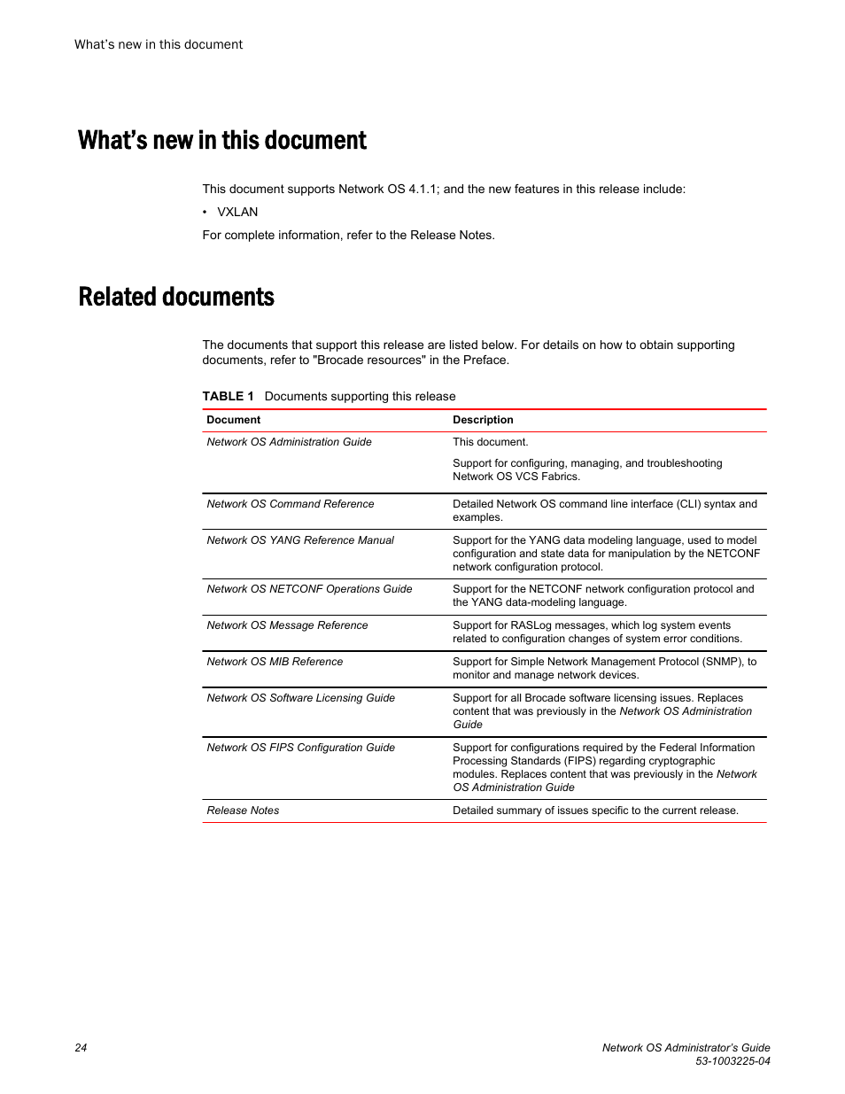 What’s new in this document, Related documents, What’s new in this document related documents | Brocade Network OS Administrator’s Guide v4.1.1 User Manual | Page 24 / 748