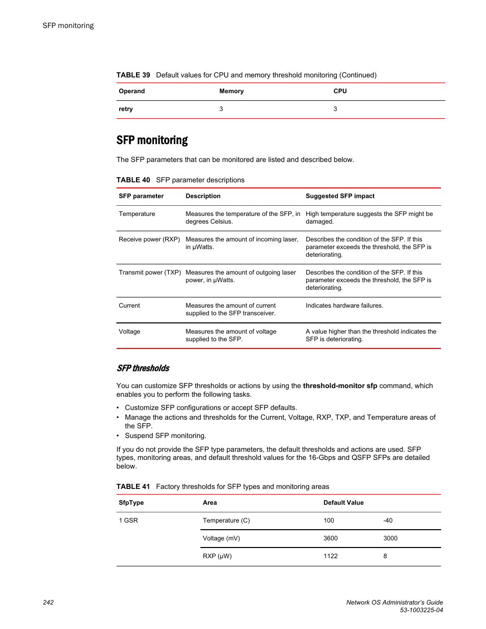 Sfp monitoring, Sfp thresholds | Brocade Network OS Administrator’s Guide v4.1.1 User Manual | Page 242 / 748