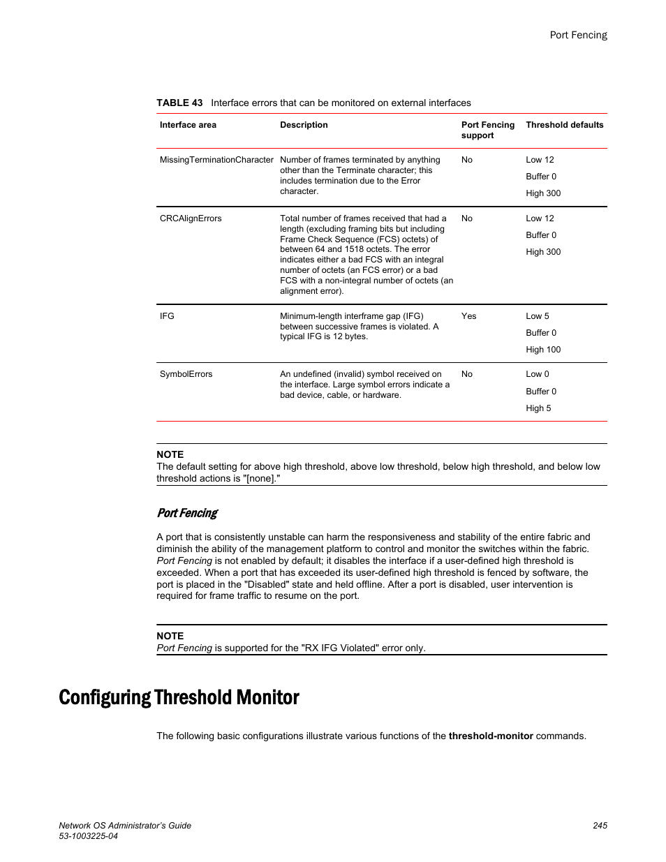 Port fencing, Configuring threshold monitor | Brocade Network OS Administrator’s Guide v4.1.1 User Manual | Page 245 / 748