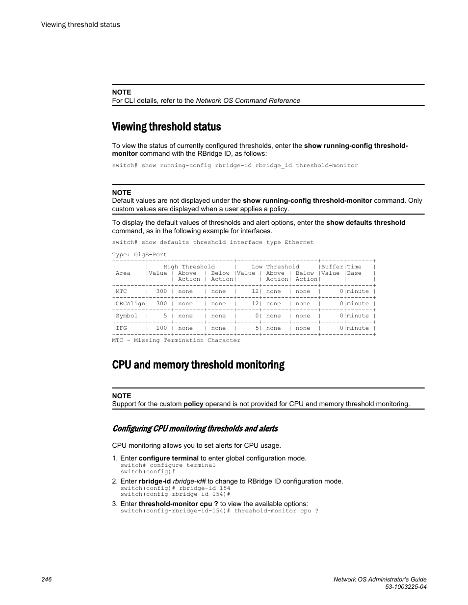 Viewing threshold status, Cpu and memory threshold monitoring, Configuring cpu monitoring thresholds and alerts | Brocade Network OS Administrator’s Guide v4.1.1 User Manual | Page 246 / 748