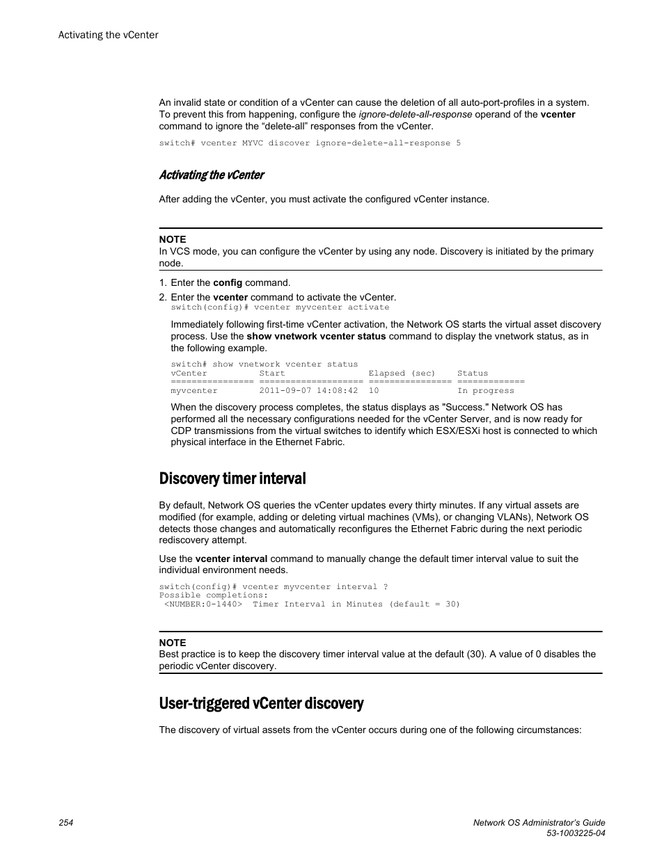 Activating the vcenter, Discovery timer interval, User-triggered vcenter discovery | Brocade Network OS Administrator’s Guide v4.1.1 User Manual | Page 254 / 748
