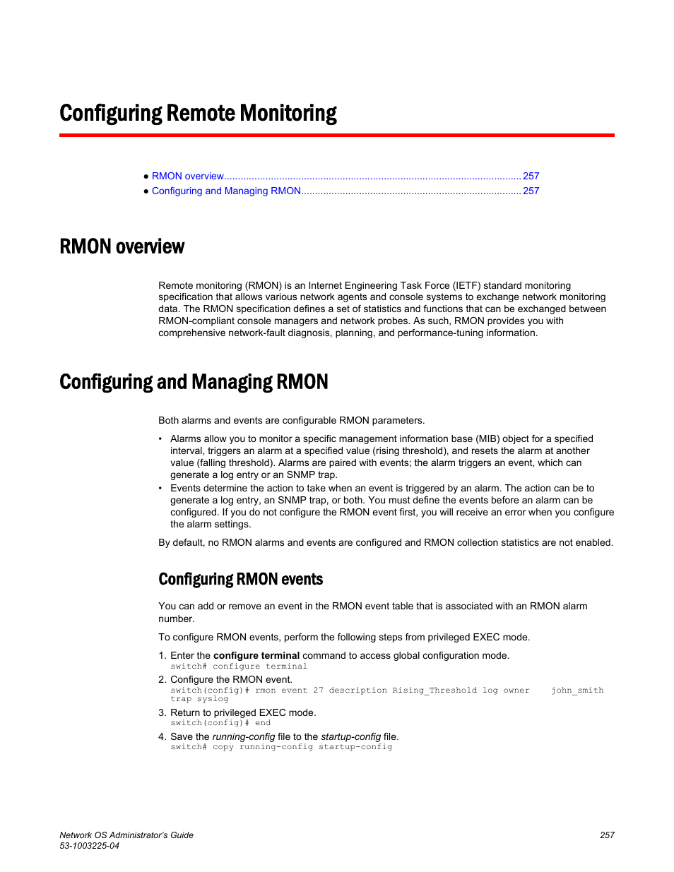 Configuring remote monitoring, Rmon overview, Configuring and managing rmon | Configuring rmon events, Rmon overview configuring and managing rmon | Brocade Network OS Administrator’s Guide v4.1.1 User Manual | Page 257 / 748