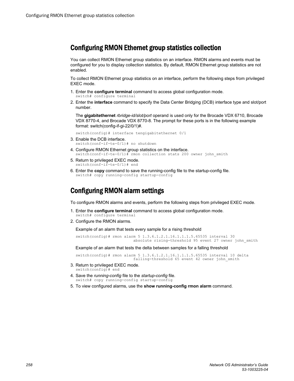 Configuring rmon alarm settings | Brocade Network OS Administrator’s Guide v4.1.1 User Manual | Page 258 / 748