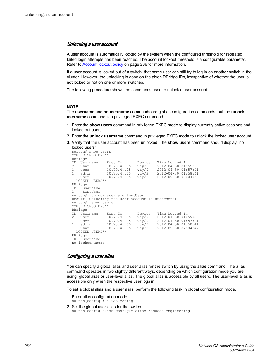 Unlocking a user account, Configuring a user alias | Brocade Network OS Administrator’s Guide v4.1.1 User Manual | Page 264 / 748