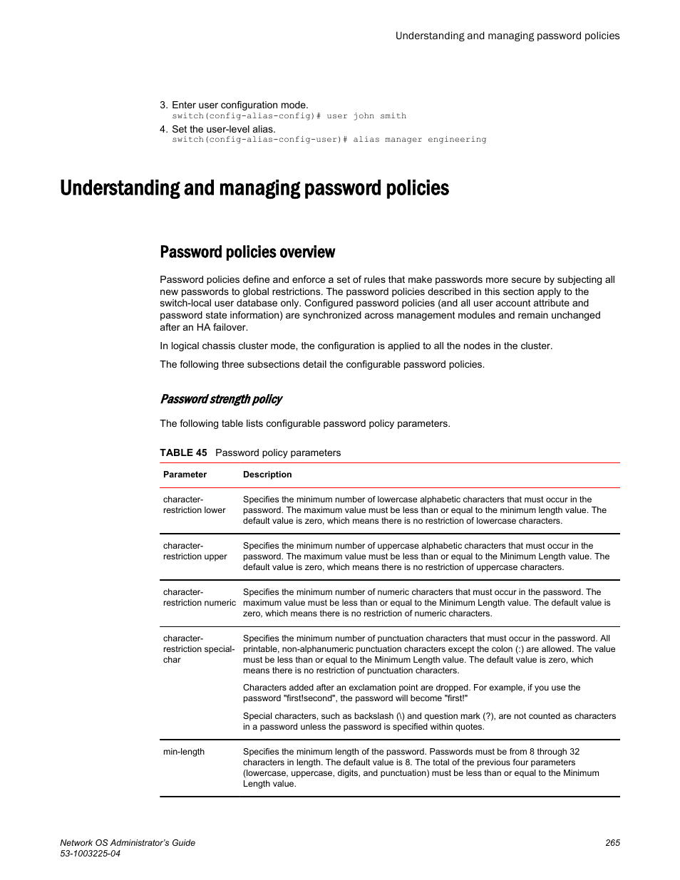 Understanding and managing password policies, Password policies overview, Password strength policy | Brocade Network OS Administrator’s Guide v4.1.1 User Manual | Page 265 / 748