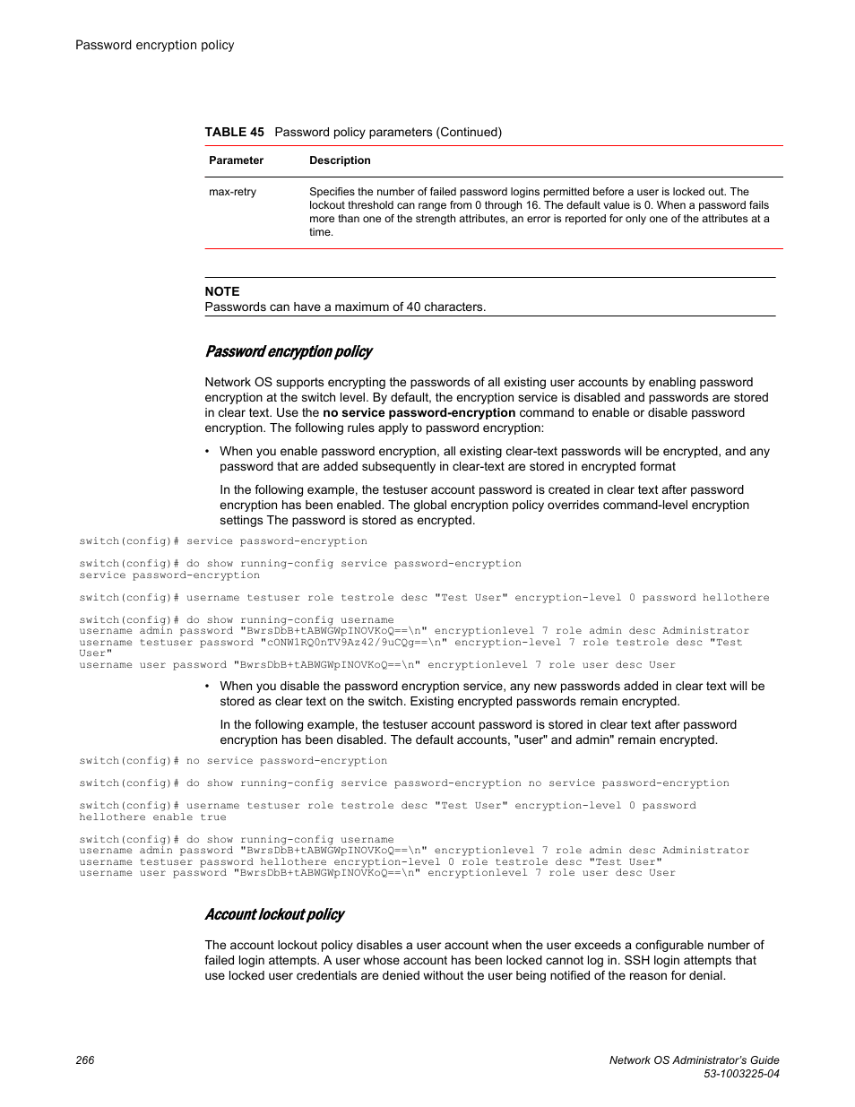 Password encryption policy, Account lockout policy | Brocade Network OS Administrator’s Guide v4.1.1 User Manual | Page 266 / 748