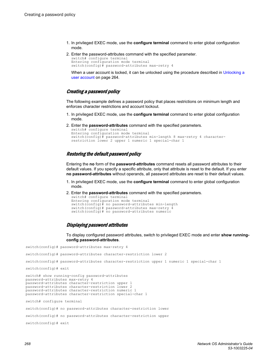 Creating a password policy, Restoring the default password policy, Displaying password attributes | Brocade Network OS Administrator’s Guide v4.1.1 User Manual | Page 268 / 748
