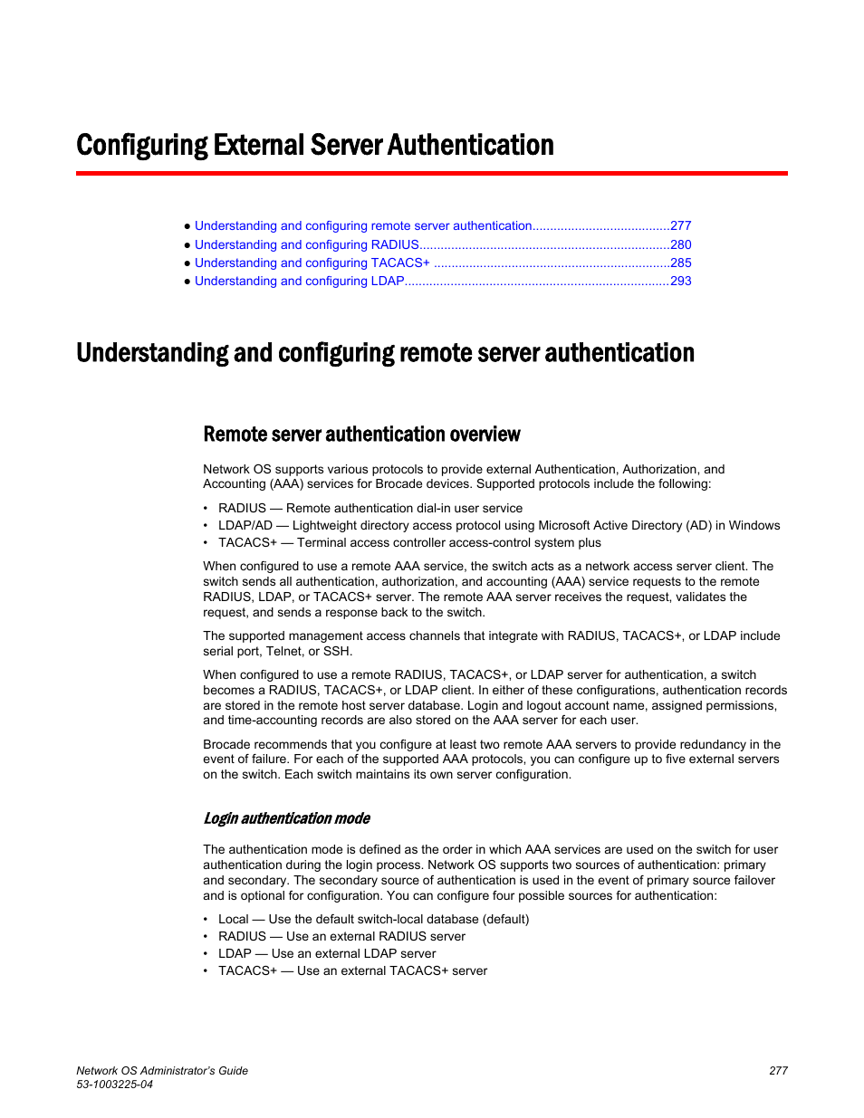 Configuring external server authentication, Remote server authentication overview, Login authentication mode | Brocade Network OS Administrator’s Guide v4.1.1 User Manual | Page 277 / 748