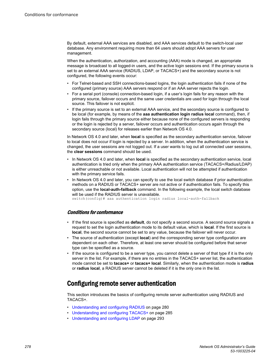 Conditions for conformance, Configuring remote server authentication | Brocade Network OS Administrator’s Guide v4.1.1 User Manual | Page 278 / 748