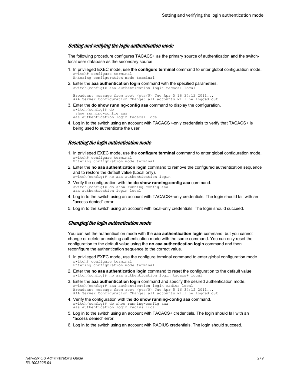 Resetting the login authentication mode, Changing the login authentication mode | Brocade Network OS Administrator’s Guide v4.1.1 User Manual | Page 279 / 748