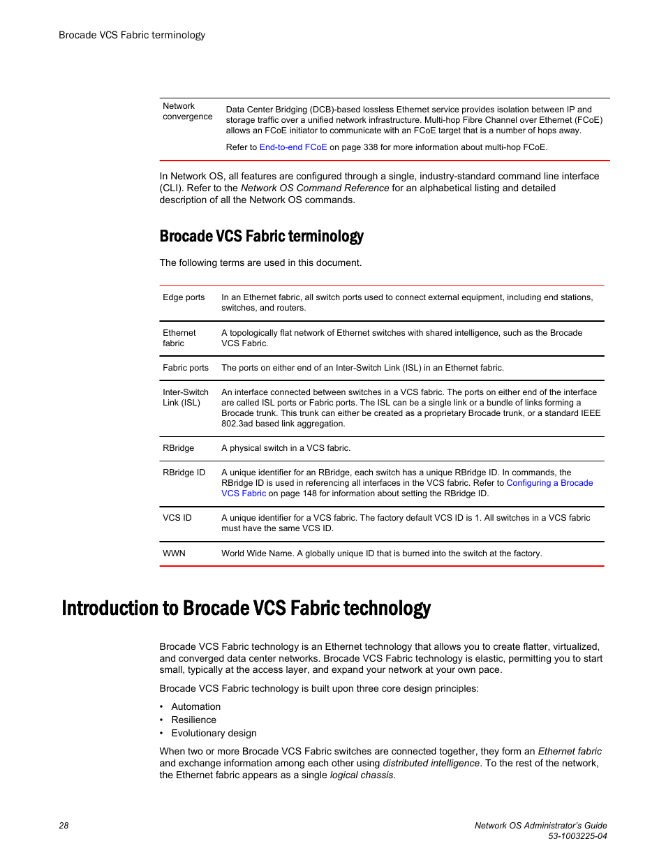 Brocade vcs fabric terminology, Introduction to brocade vcs fabric technology, Introduction to brocade vcs | Fabric technology | Brocade Network OS Administrator’s Guide v4.1.1 User Manual | Page 28 / 748