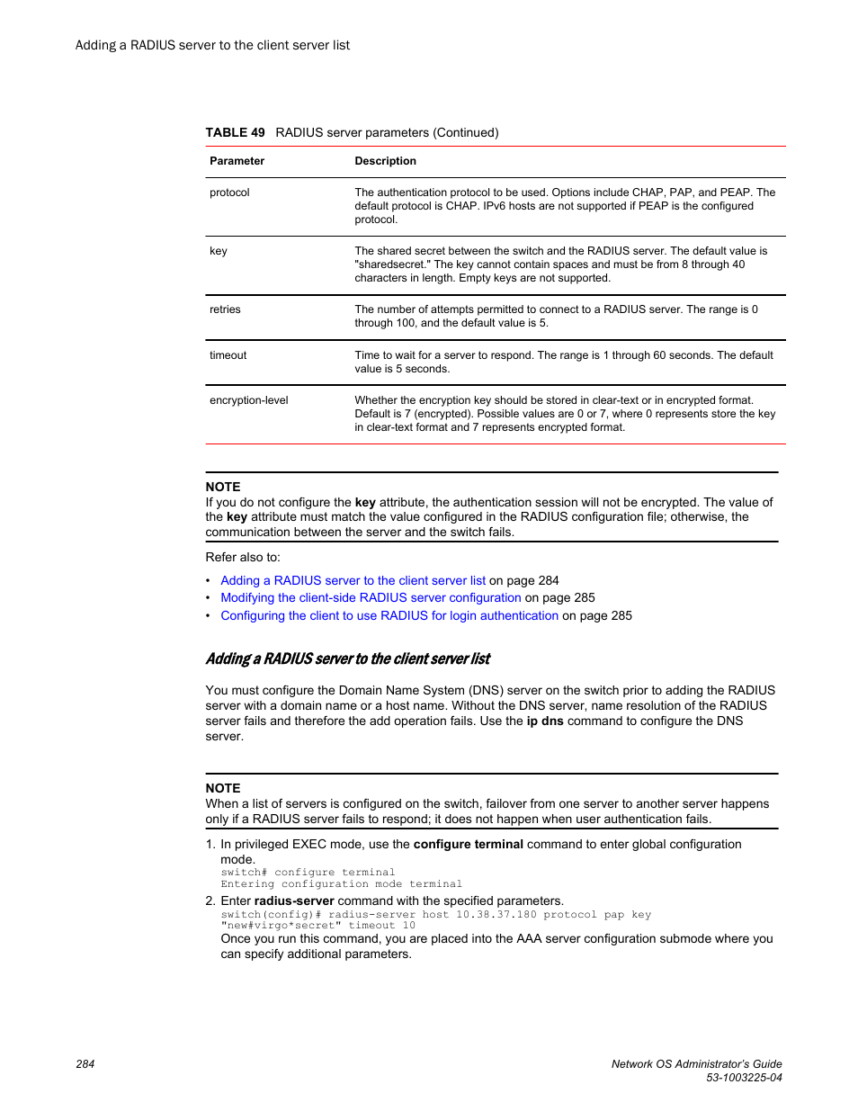 Adding a radius server to the client server list | Brocade Network OS Administrator’s Guide v4.1.1 User Manual | Page 284 / 748