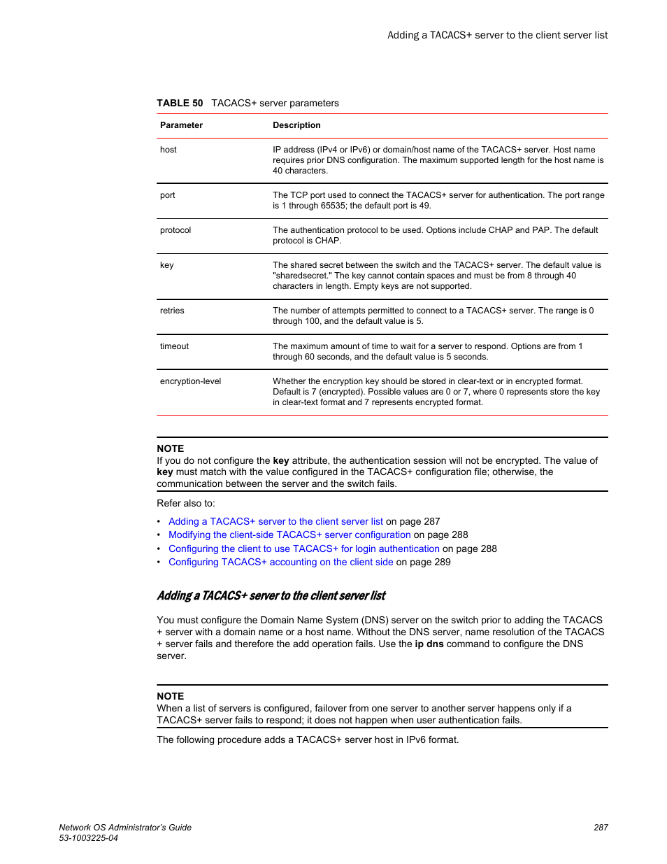 Adding a tacacs+ server to the client server list | Brocade Network OS Administrator’s Guide v4.1.1 User Manual | Page 287 / 748