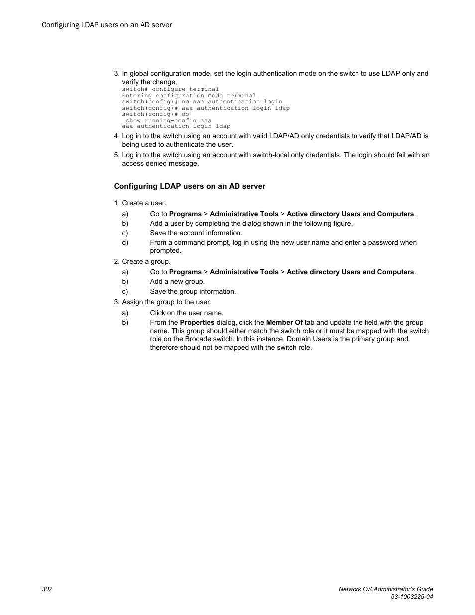 Configuring ldap users on an ad server | Brocade Network OS Administrator’s Guide v4.1.1 User Manual | Page 302 / 748