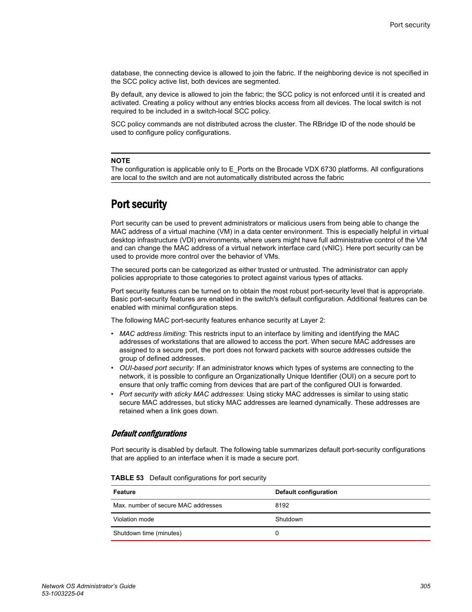 Port security, Default configurations | Brocade Network OS Administrator’s Guide v4.1.1 User Manual | Page 305 / 748