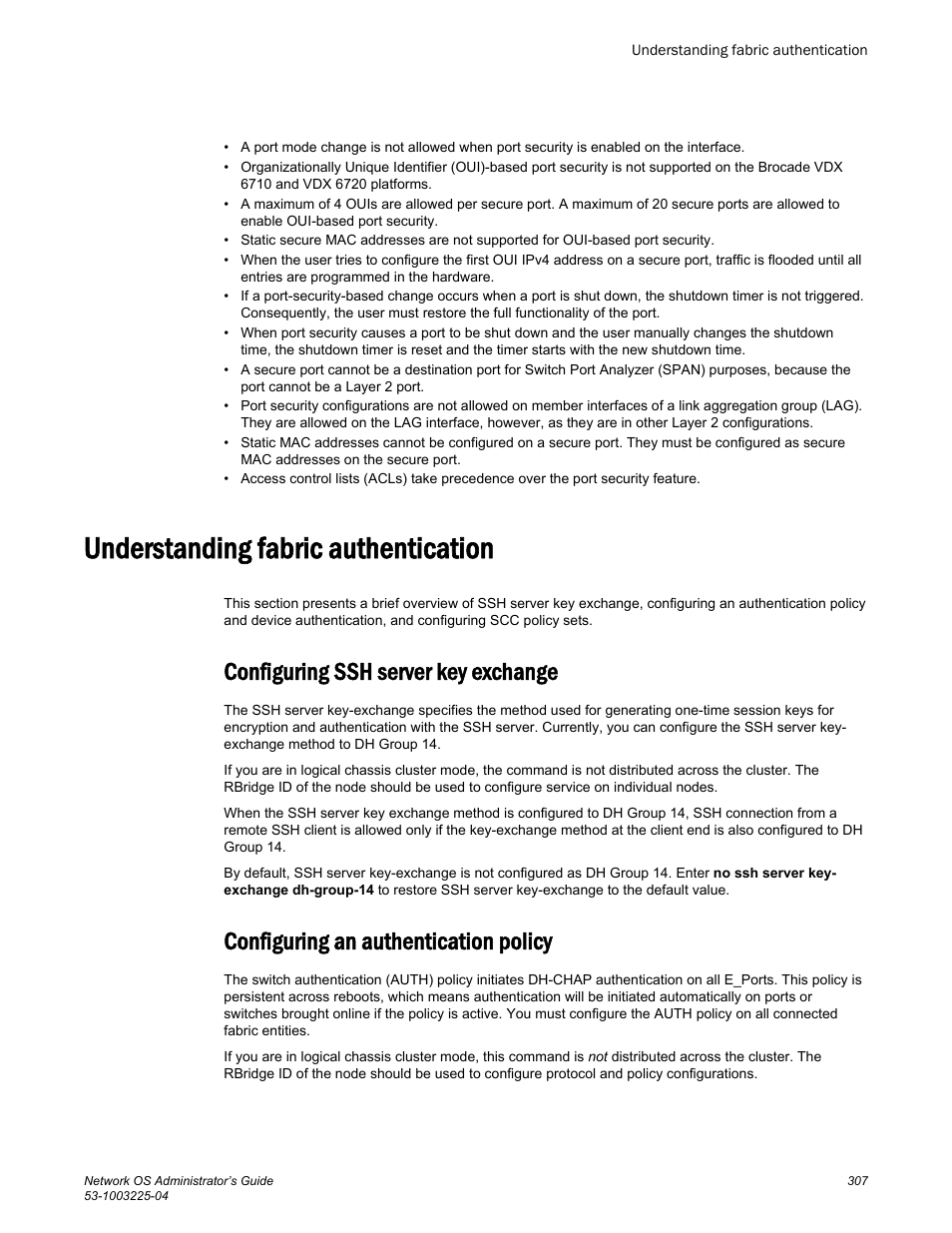 Understanding fabric authentication, Configuring ssh server key exchange, Configuring an authentication policy | Brocade Network OS Administrator’s Guide v4.1.1 User Manual | Page 307 / 748