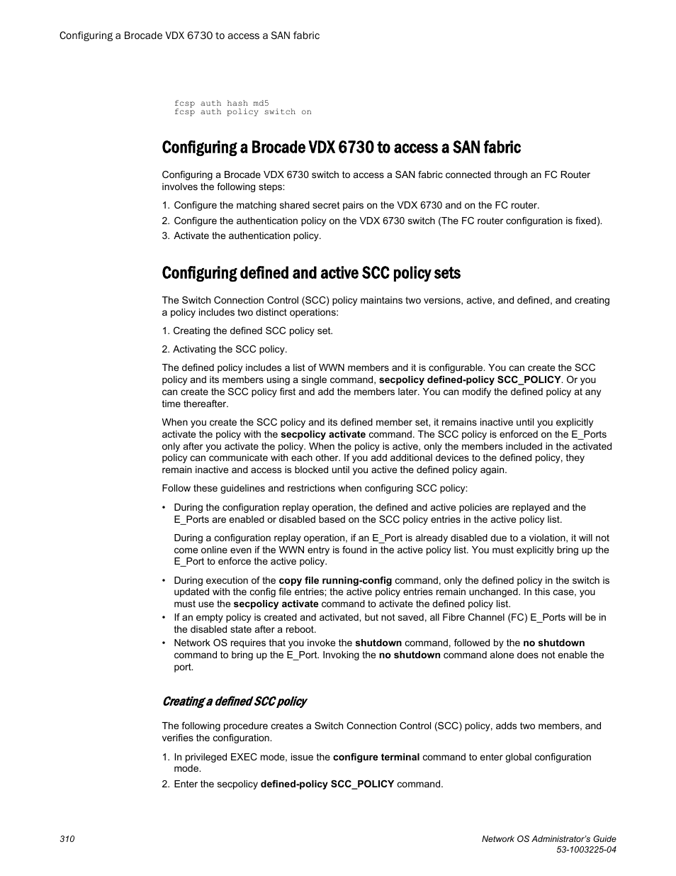 Configuring defined and active scc policy sets, Creating a defined scc policy | Brocade Network OS Administrator’s Guide v4.1.1 User Manual | Page 310 / 748