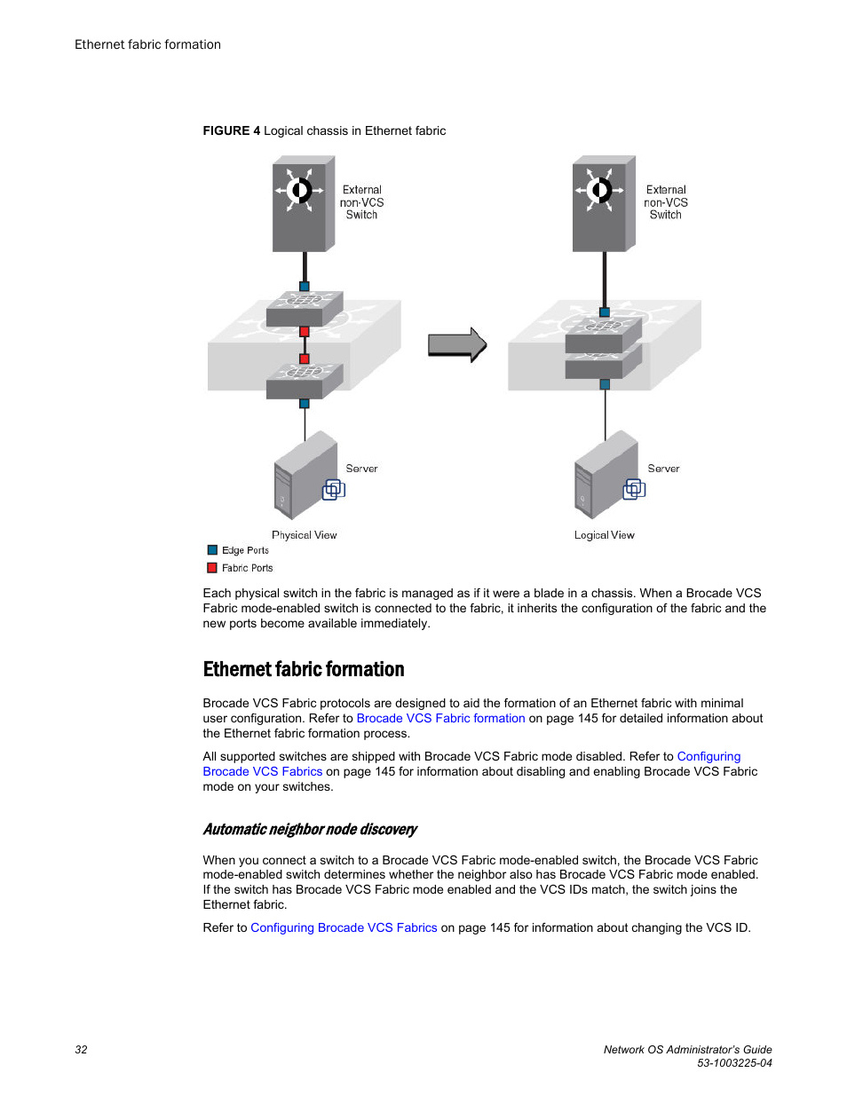 Ethernet fabric formation, Automatic neighbor node discovery | Brocade Network OS Administrator’s Guide v4.1.1 User Manual | Page 32 / 748