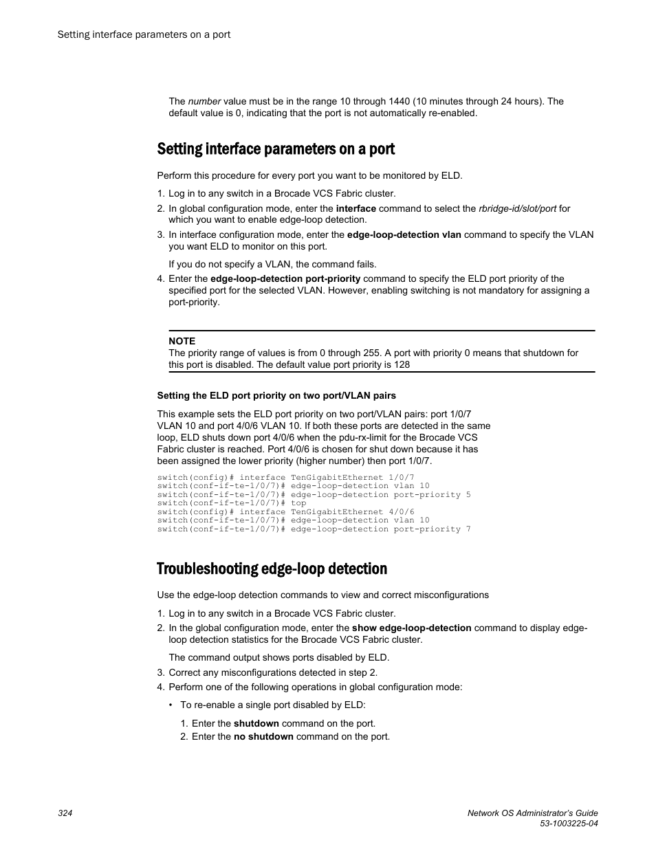 Setting interface parameters on a port, Troubleshooting edge-loop detection | Brocade Network OS Administrator’s Guide v4.1.1 User Manual | Page 324 / 748