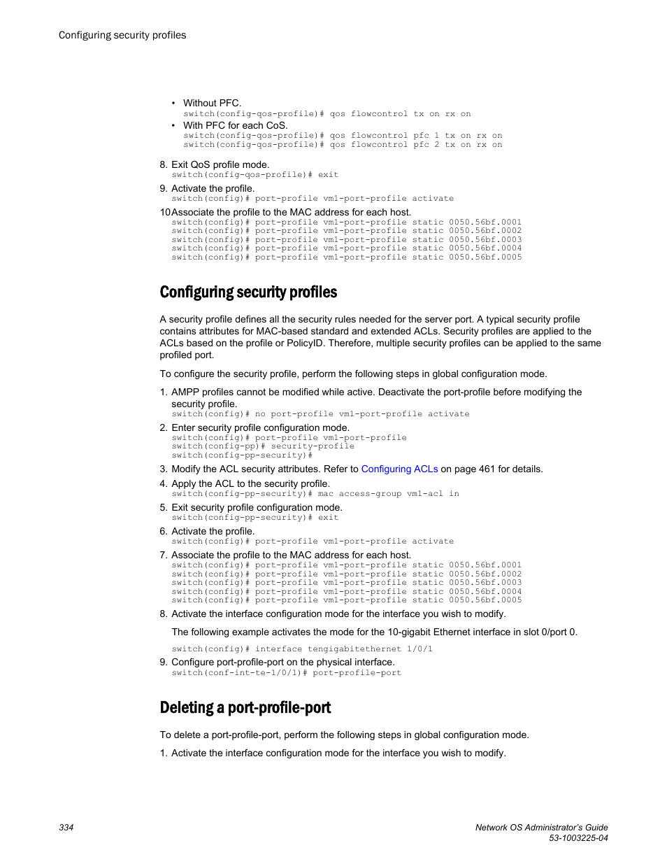 Configuring security profiles, Deleting a port-profile-port | Brocade Network OS Administrator’s Guide v4.1.1 User Manual | Page 334 / 748