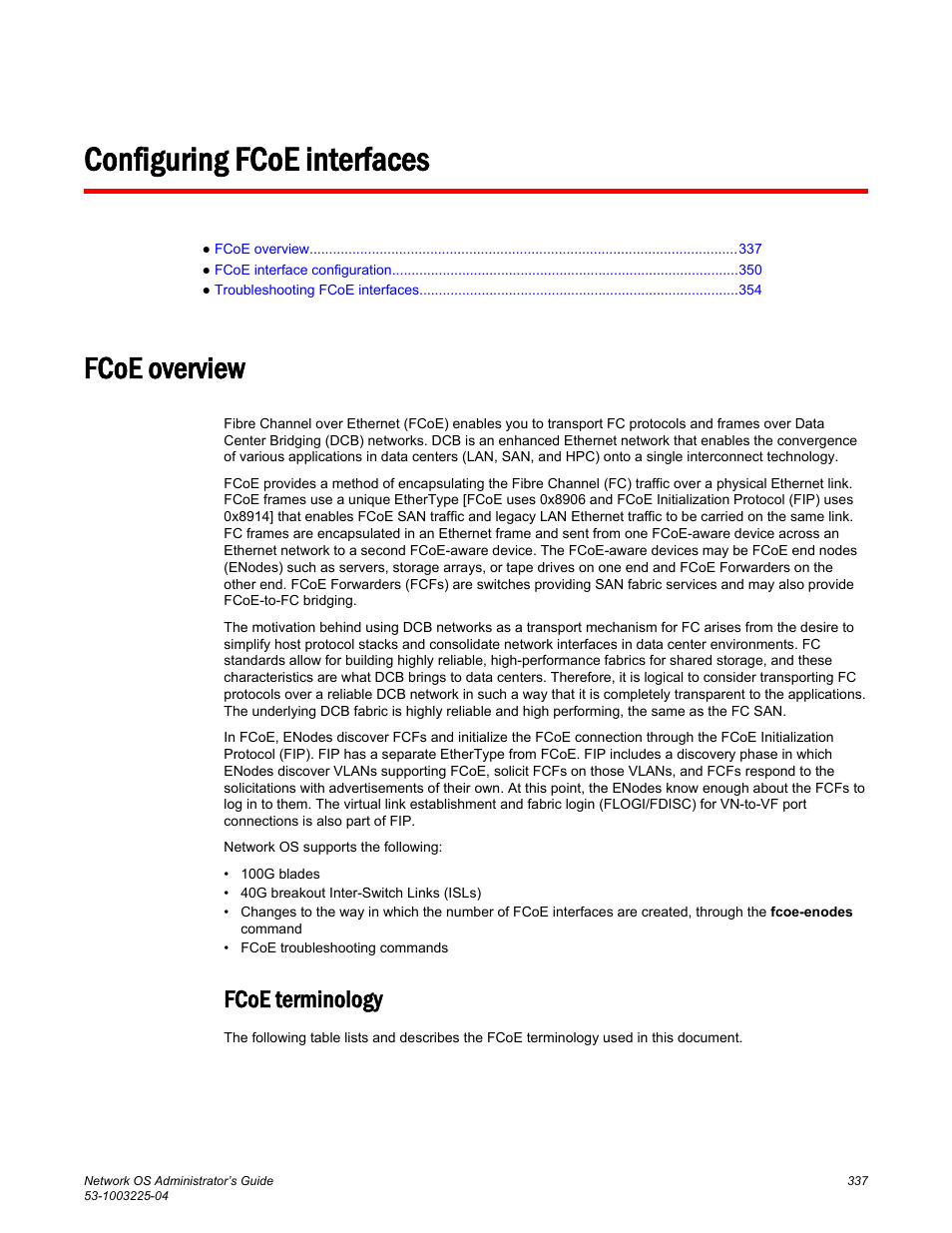 Configuring fcoe interfaces, Fcoe overview, Fcoe terminology | Brocade Network OS Administrator’s Guide v4.1.1 User Manual | Page 337 / 748