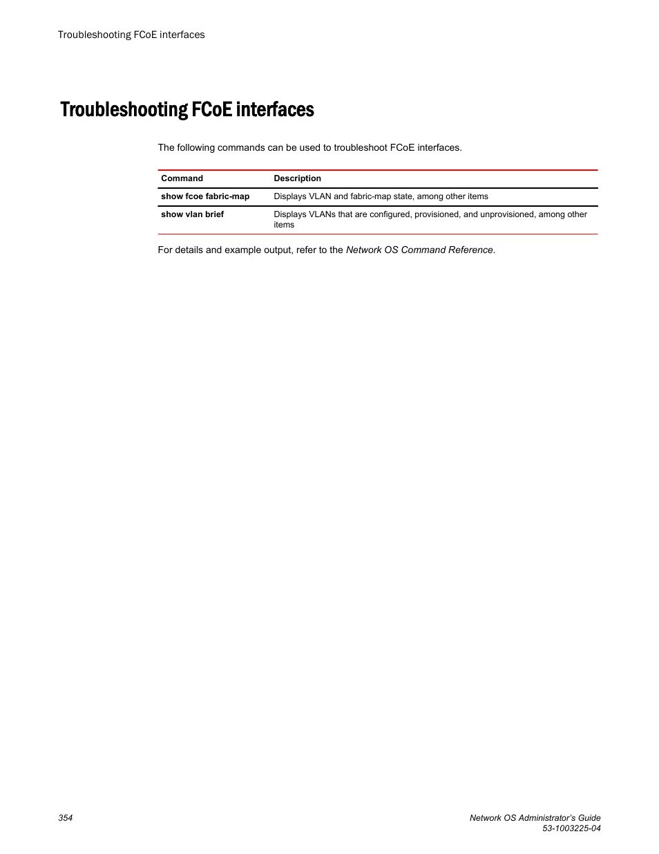 Troubleshooting fcoe interfaces | Brocade Network OS Administrator’s Guide v4.1.1 User Manual | Page 354 / 748