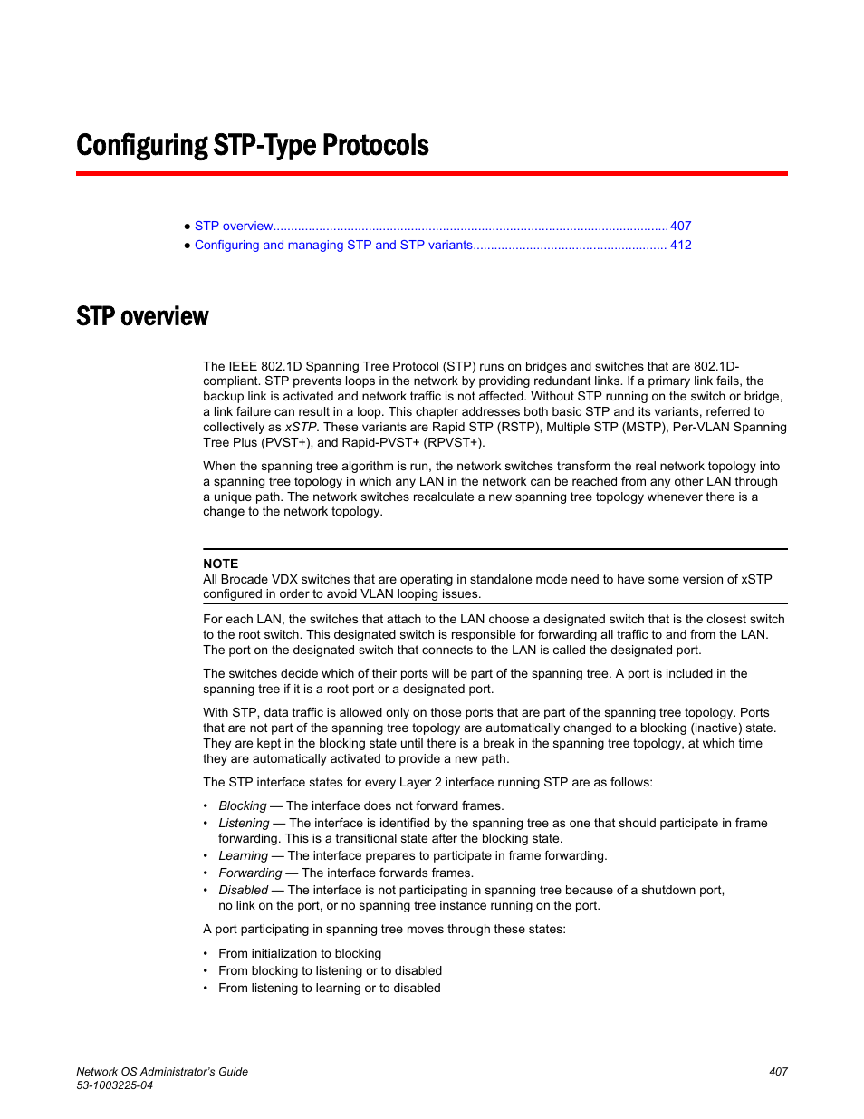 Configuring stp-type protocols, Stp overview | Brocade Network OS Administrator’s Guide v4.1.1 User Manual | Page 407 / 748