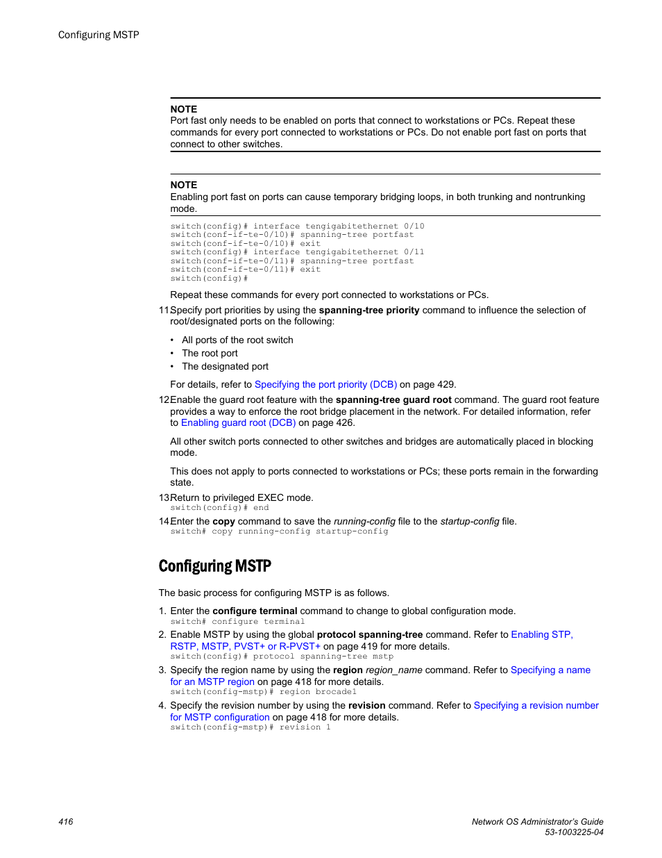 Configuring mstp | Brocade Network OS Administrator’s Guide v4.1.1 User Manual | Page 416 / 748